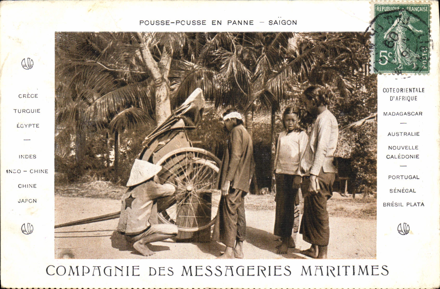 CPA Bateau Compagnie des Messageries Maritimes Pousse pousse en panne Saigon Indochine
