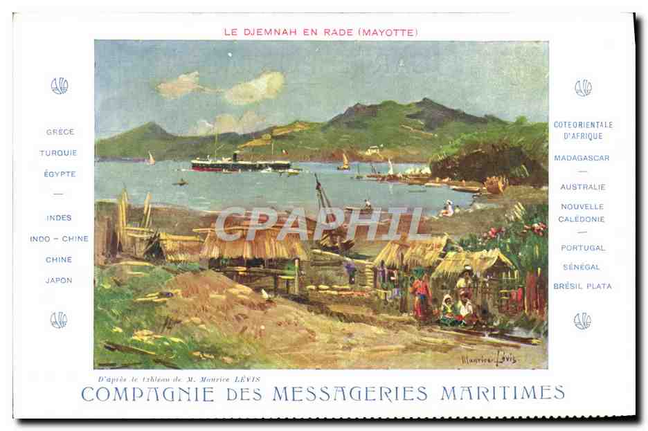 Le Djemnah en rade (Mayotte) — D'après le tableau de M. Maurice Lévis — Compagnie des Messageries Maritimes