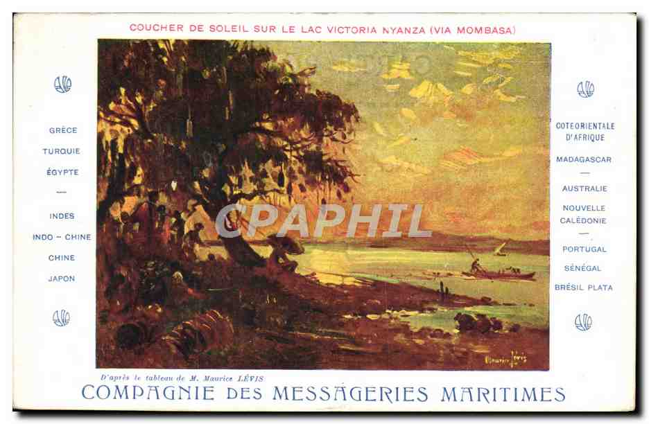 Coucher de soleil sur le lac Victoria Nyanza (via Mombasa) — D'après le tableau de M. Maurice LÉVIS — Compagnie des Messageries Maritimes