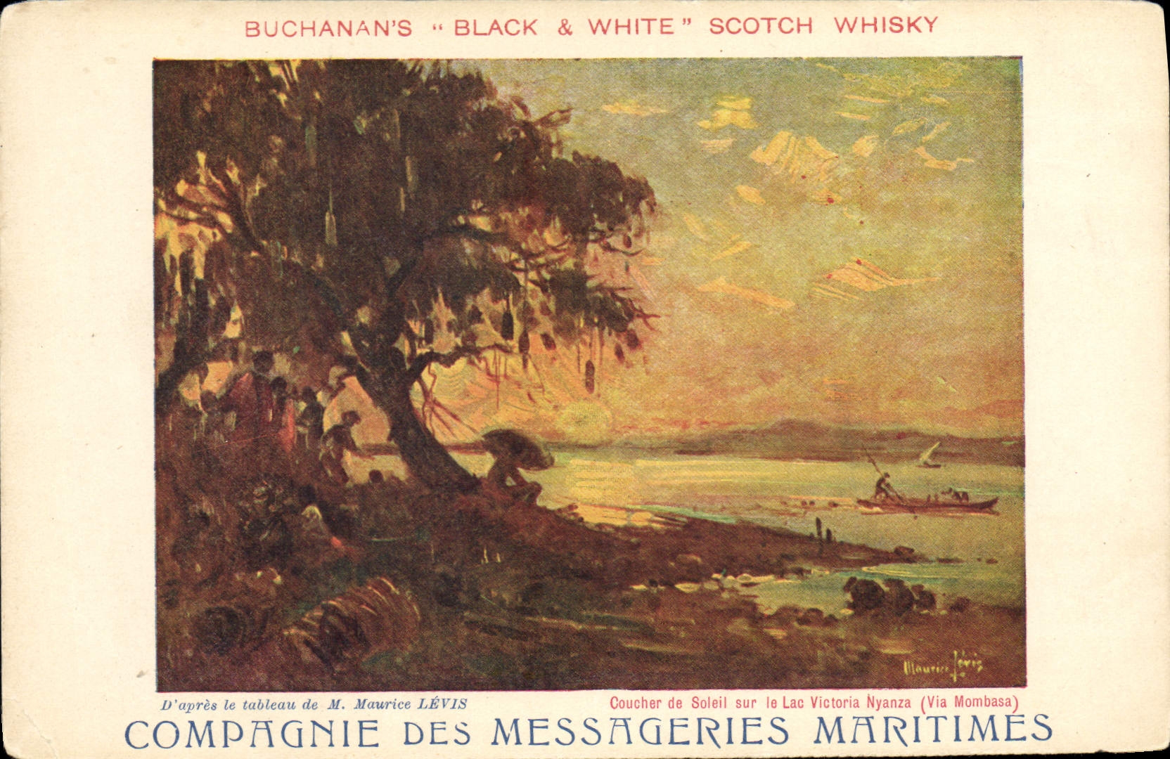 Puesta de Sol en el Lago Victoria Nyanza (Vía Mombasa) — Compañía de Correos Marítimos — ilustración de M. Maurice Lévis