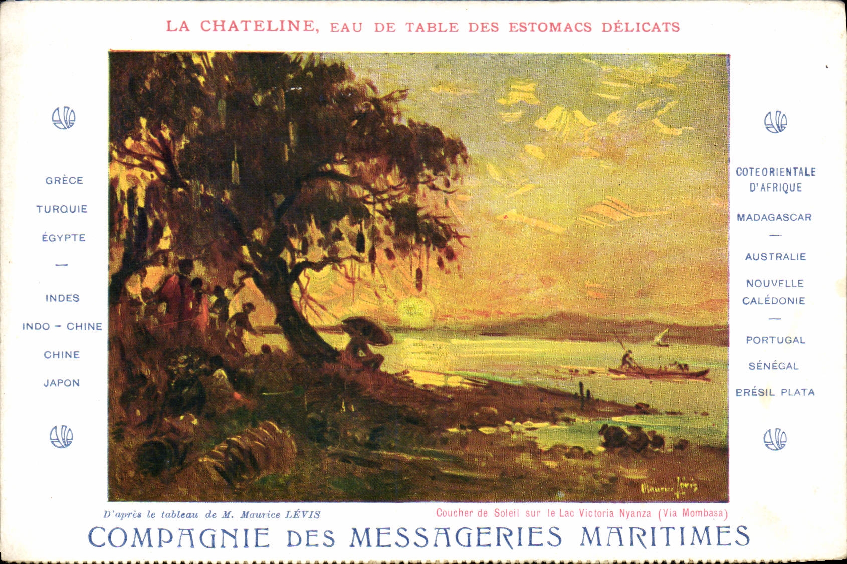 Coucher de Soleil sur le Lac Victoria Nyanza (Via Mombasa) — Compagnie des Messageries Maritimes — D'après le tableau de M. Maurice LÉVIS