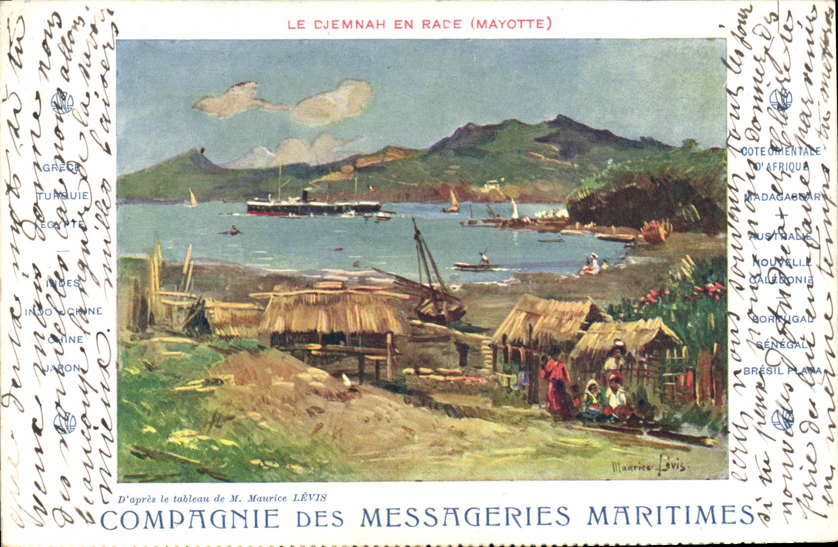Le Djemnah en race (Mayotte) — vue de port avec bateaux et huttes — Compagnie des Messageries Maritimes, d'après le tableau de Maurice Lévis