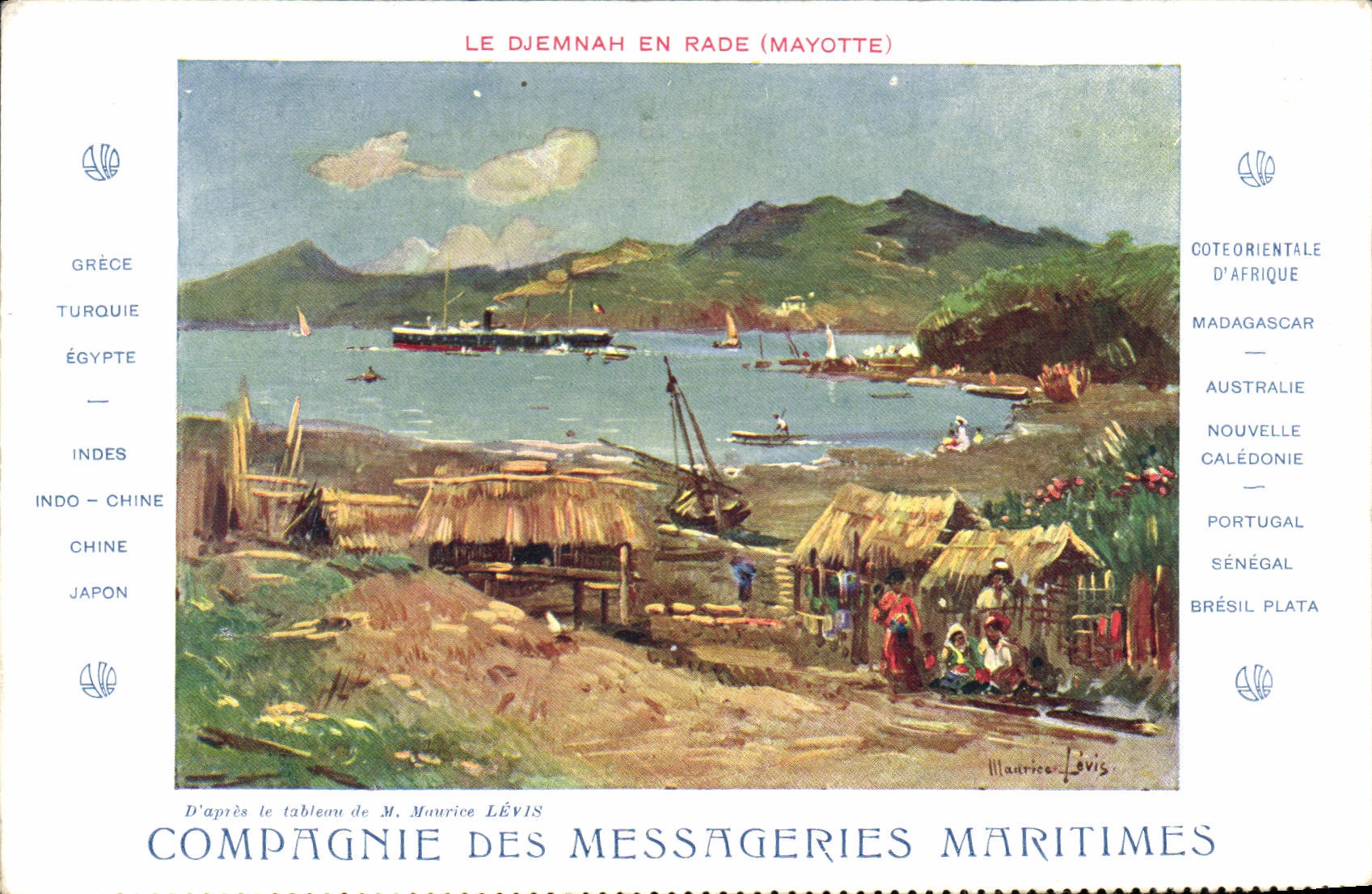 Le Djemnah en rade (Mayotte) — D'après le tableau de M. Maurice Lévis — Compagnie des Messageries Maritimes