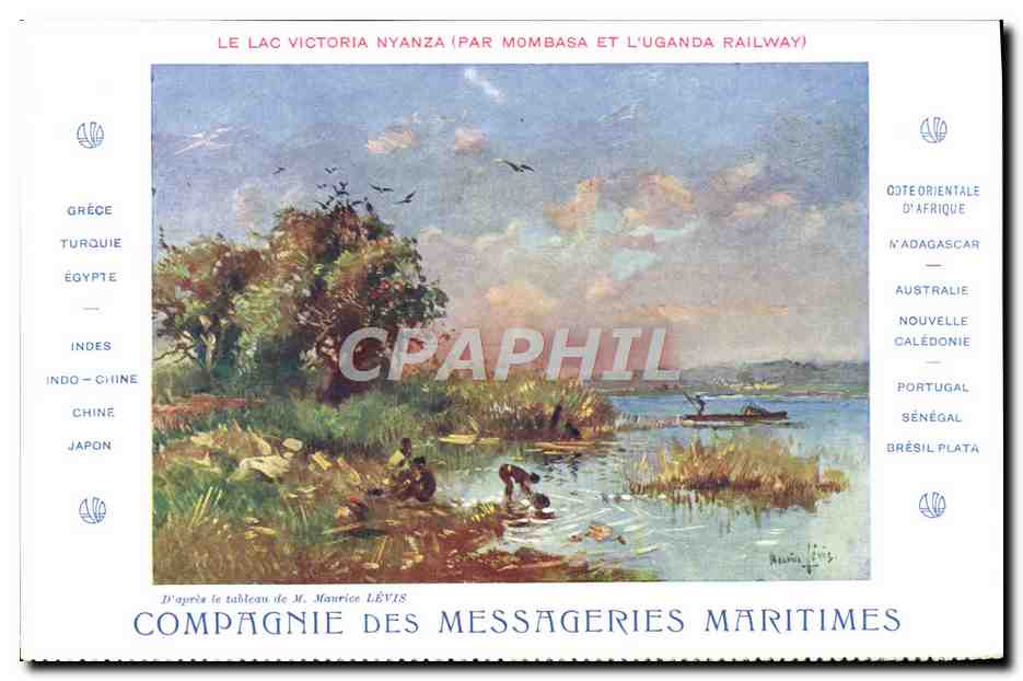Le Lac Victoria Nyanza (par Mombasa et l'Uganda Railway) — Compagnie des Messageries Maritimes, d'après le tableau de M. Maurice Lévis