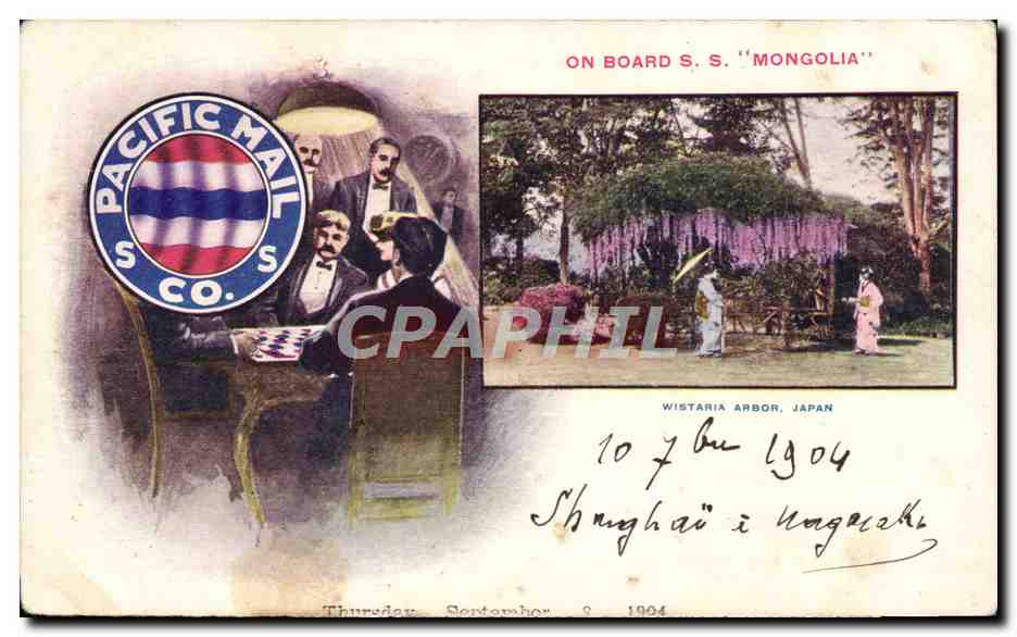 Jeux d'échecs à bord du S.S. 'Mongolia' — Pacific Mail S. Co. — Wistaria Arbor, Japon