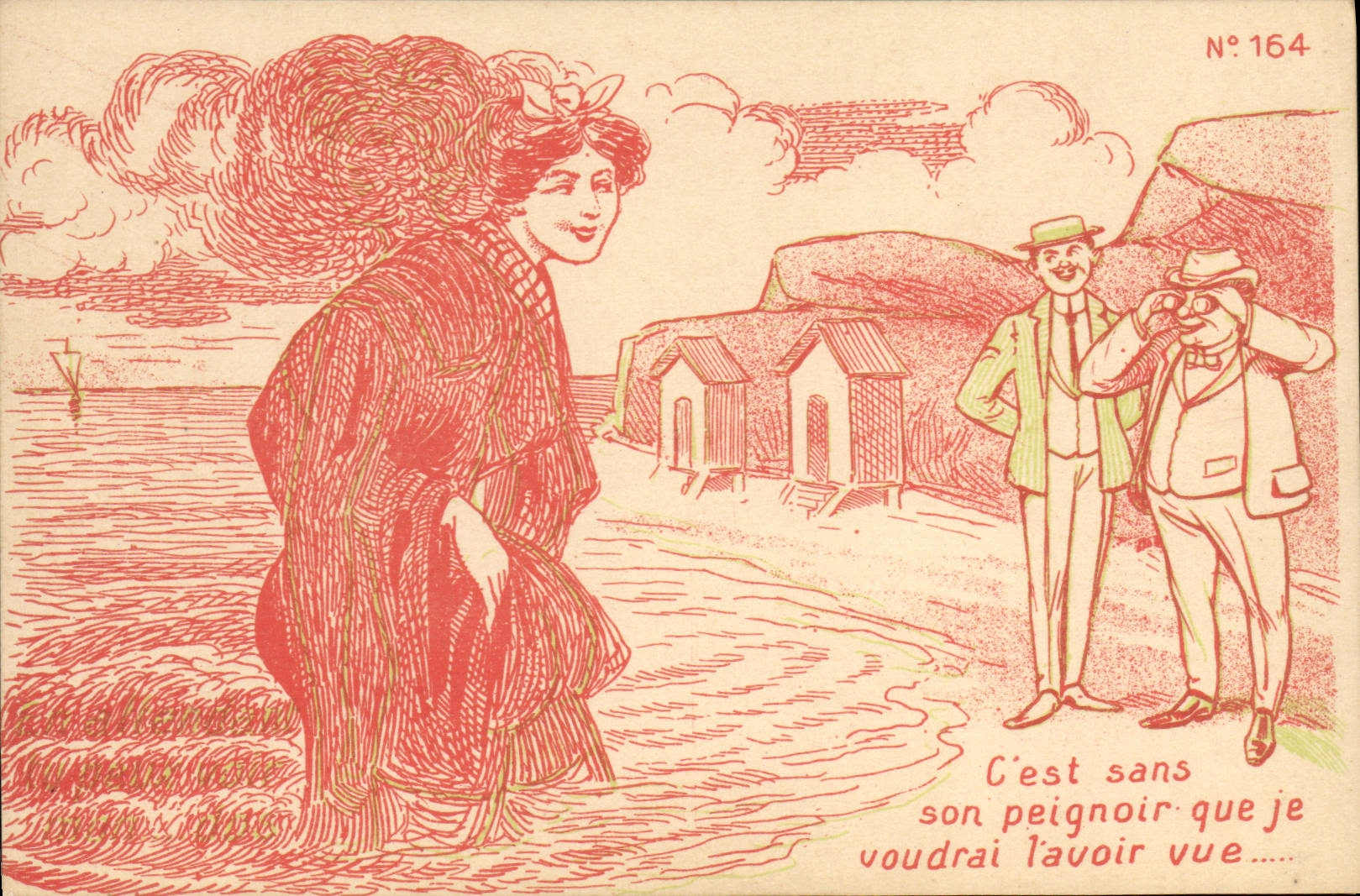 Femme en peignoir sur la plage — scène humoristique — édition N°164