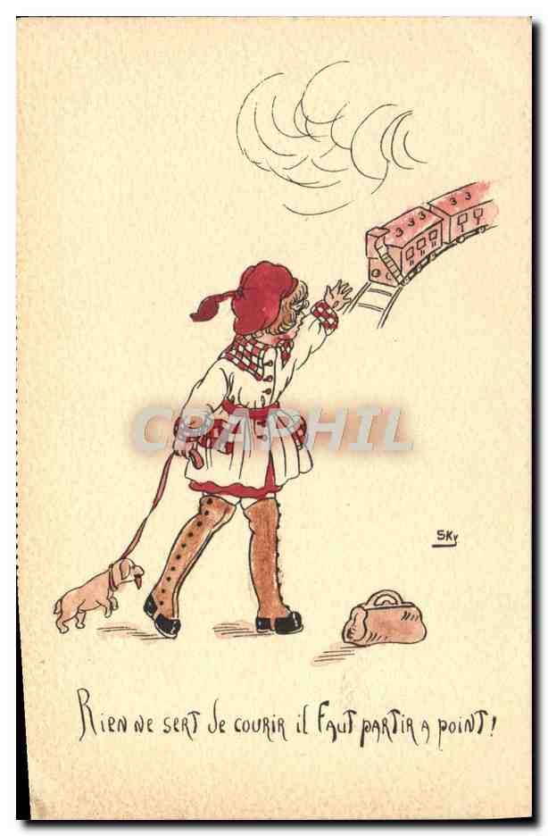 CPA Fantaisie Illustrateur Enfant Train Chien