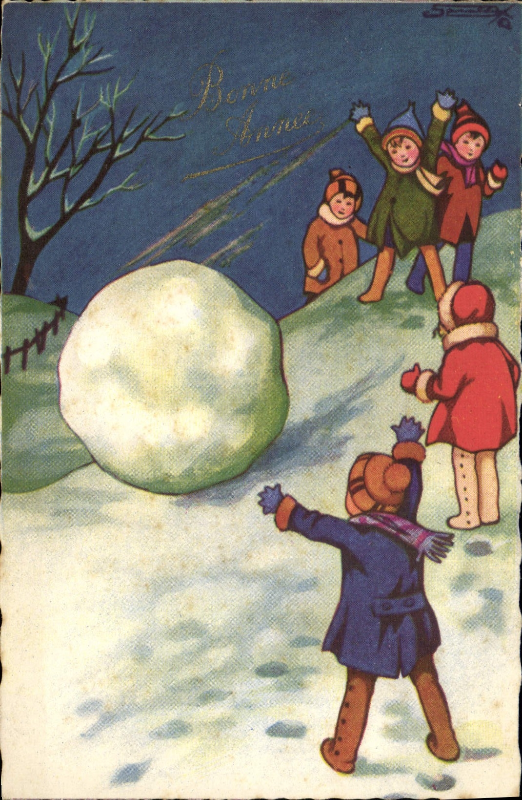 CPA Fantaisie Illustrateur Enfants Boule de neige 