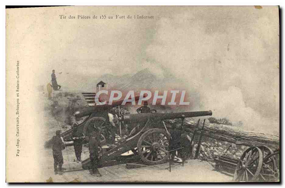 CPA Militaria Tir des pieces de 155 au fort de l'infernet 