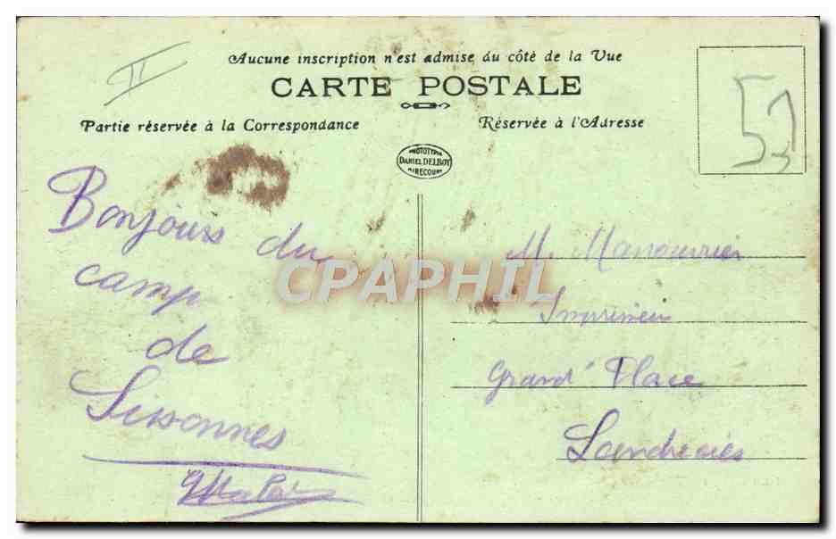CPA Militaria Camp de Sissonne Piece de 75 camouflee — Rückseite