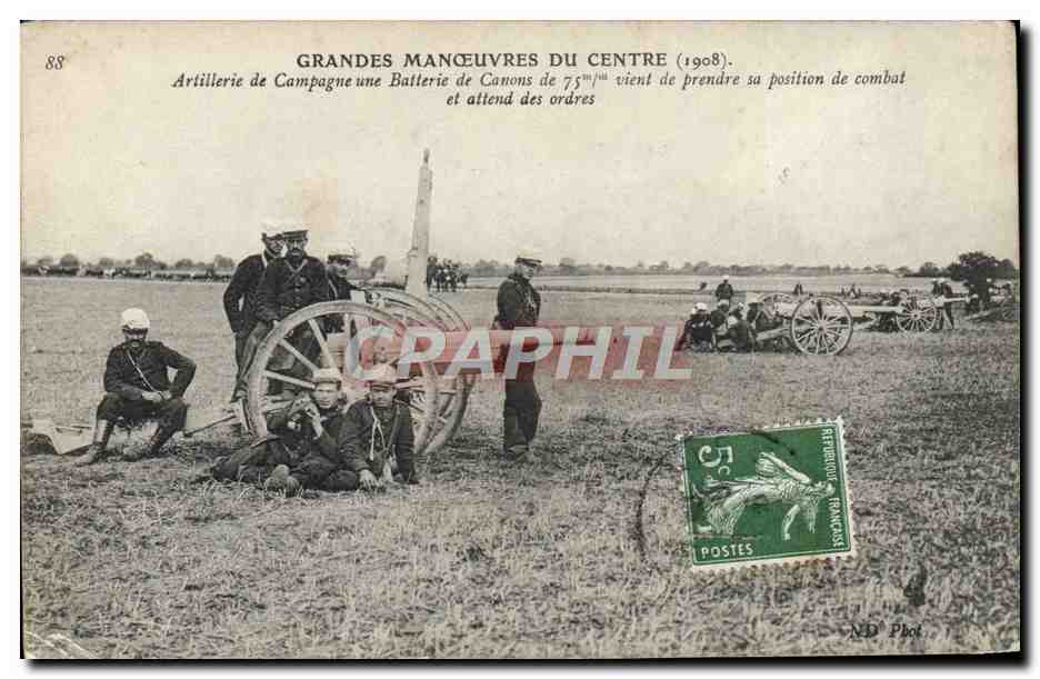Grandes Manœuvres du Centre (1908) — Artillerie de Campagne, batterie de canons de 75 mm prend sa position de combat — N.D. Phot