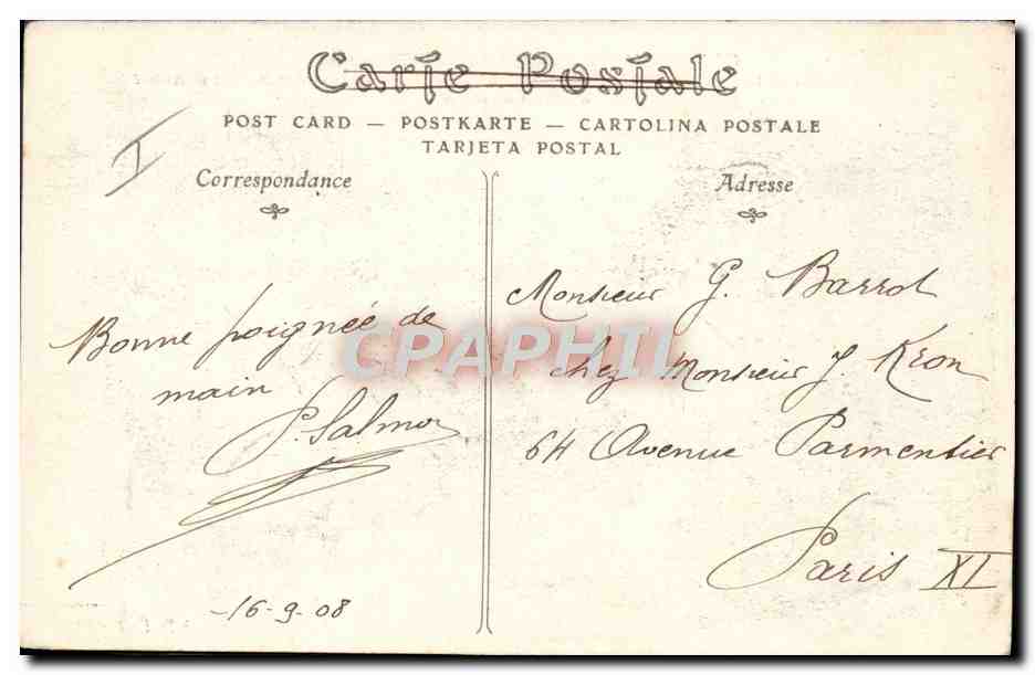Grandes Manœuvres du Centre (1908) — Artillerie de Campagne, batterie de canons de 75 mm prend sa position de combat — N.D. Phot — Verso