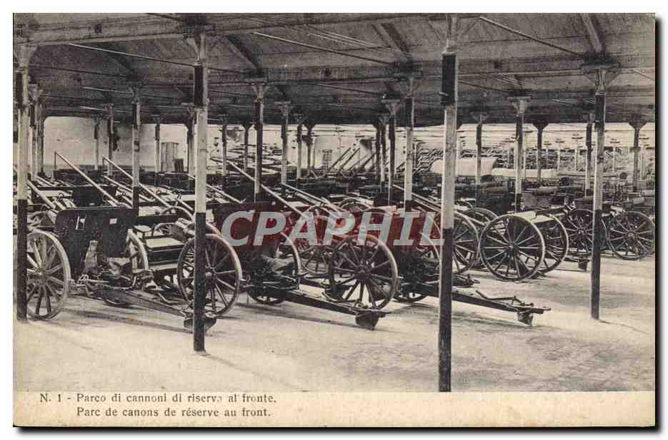 CPA Militaria Parc de canons de reserve au front 