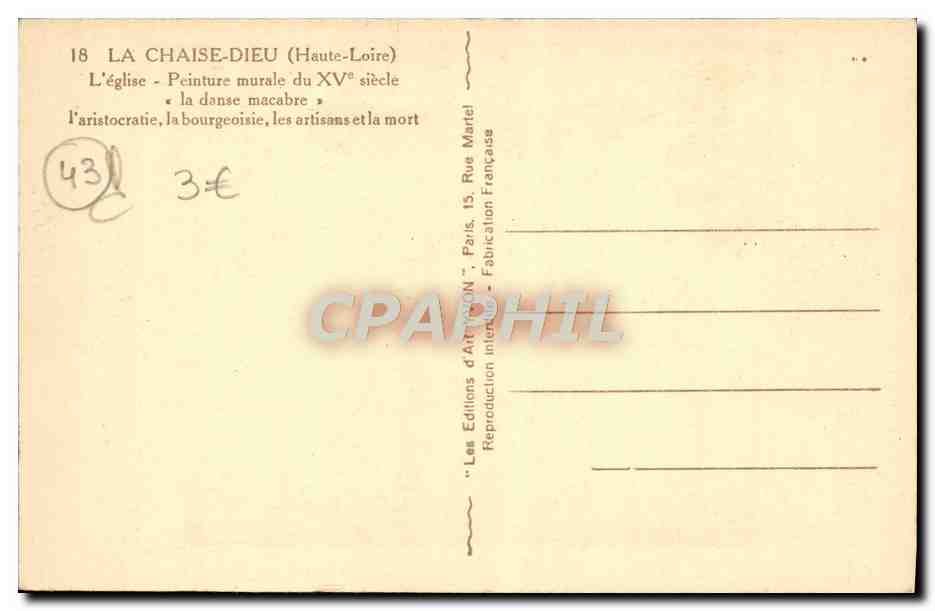 La Chaise-Dieu (Haute-Loire) — L'église - Peinture murale du XV° siècle « la danse macabre » — Les Éditions d'Art FRANCE — Verso