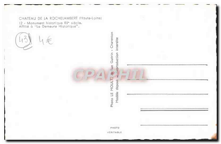 CPM Chateau De La Rochelambert  — Verso