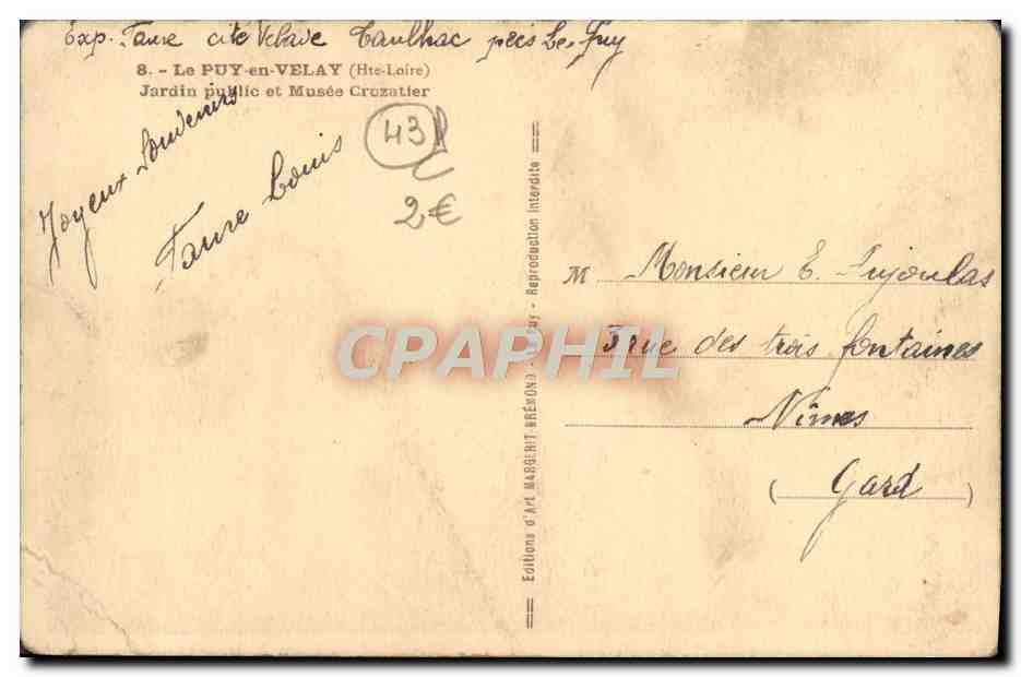 CPA Le Puy en Velay Jardin Public et Musee Crozatier  — Verso
