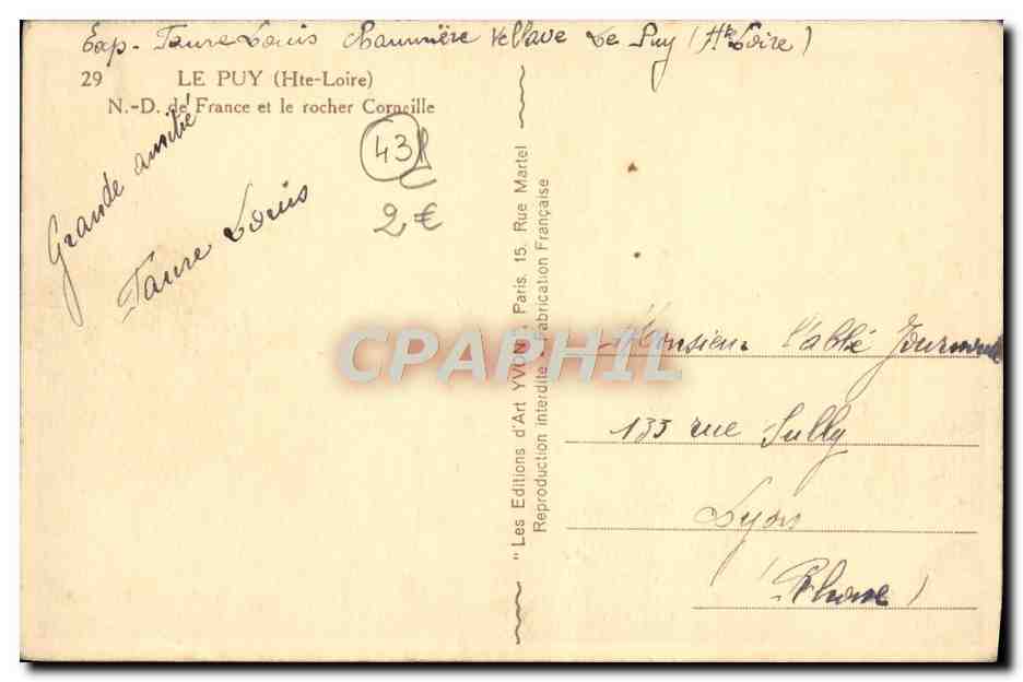 CPA Le Puy en Velay Notre Dame de France et le Rocher Corneille — Verso