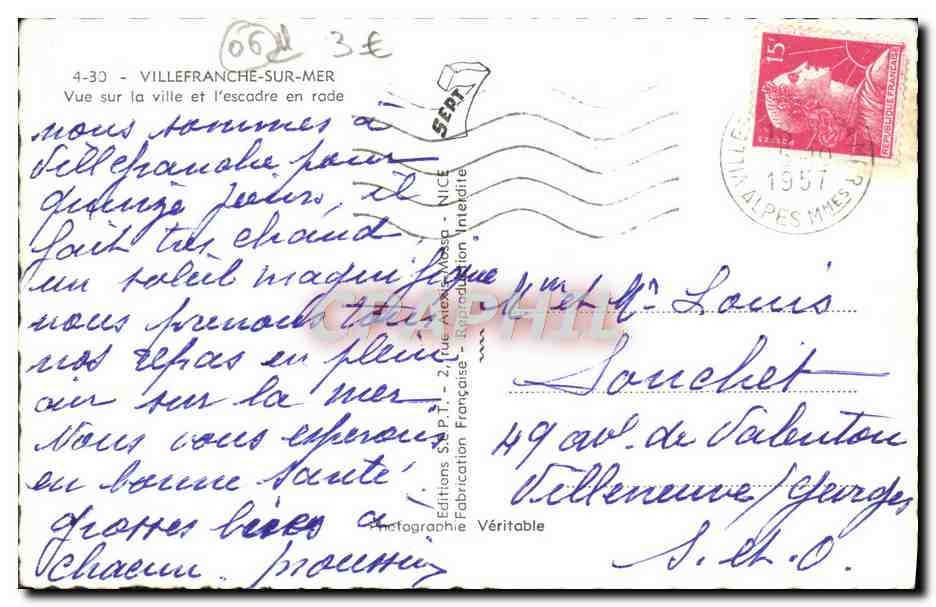 Villefranche-sur-Mer — vue sur la ville et l'escadre en rade — Editions S.P.T. - 24, rue Alexis-Maspéro, Nice — Reverso