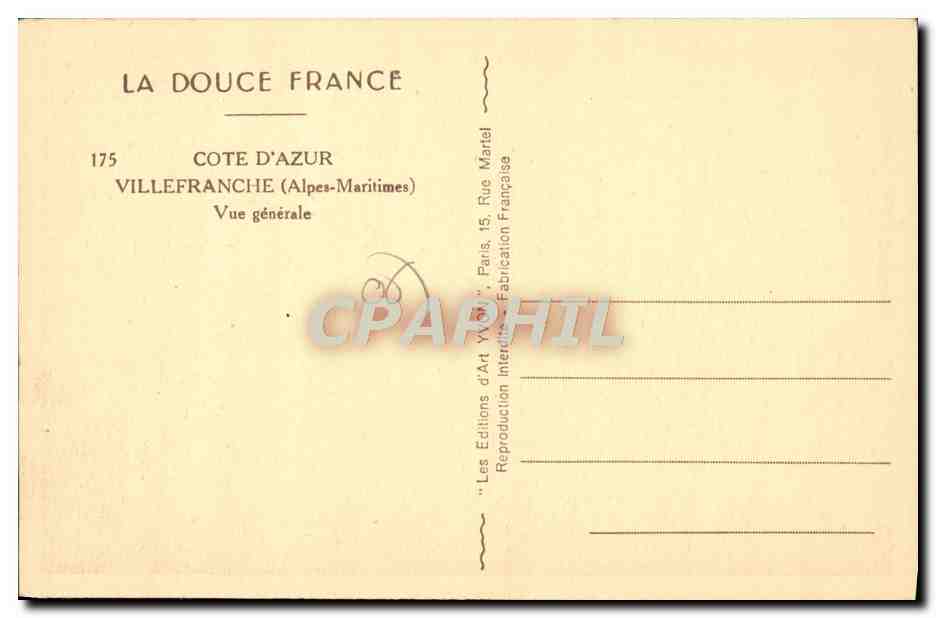 Villefranche-sur-Mer — Vue générale — Les Éditions d'Art Yvan, Paris — Verso