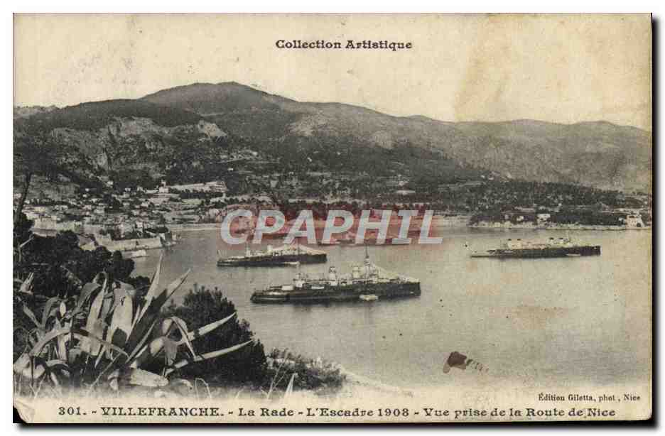 Cartolina d'epoca Villefranche Sur Mer La Rade L'Escadre Vue Prise de la route de Nice Bateaux