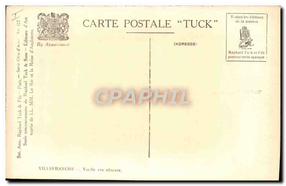 Villefranche — Vieille rue obscure — éditeur Tuck & Fils — Verso