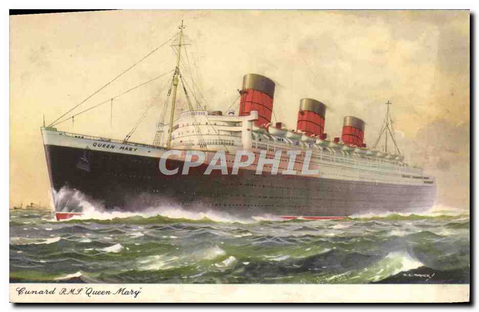 Cunard RMS Queen Mary — dessin de G.E. Parker — imprimée en Angleterre