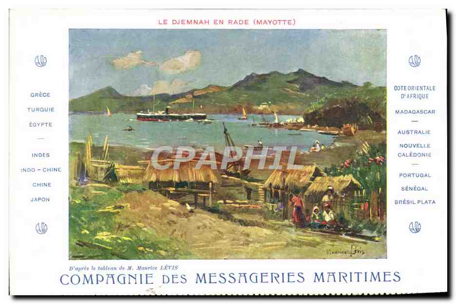 Le Djemnah en rade (Mayotte) — D'après le tableau de M. Maurice Lévis — Compagnie des Messageries Maritimes