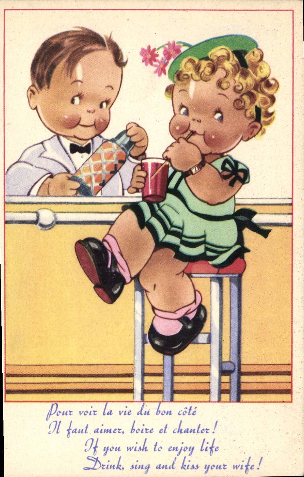 CPA Fantaisie Illustrateur Enfants Bar Cocktail
