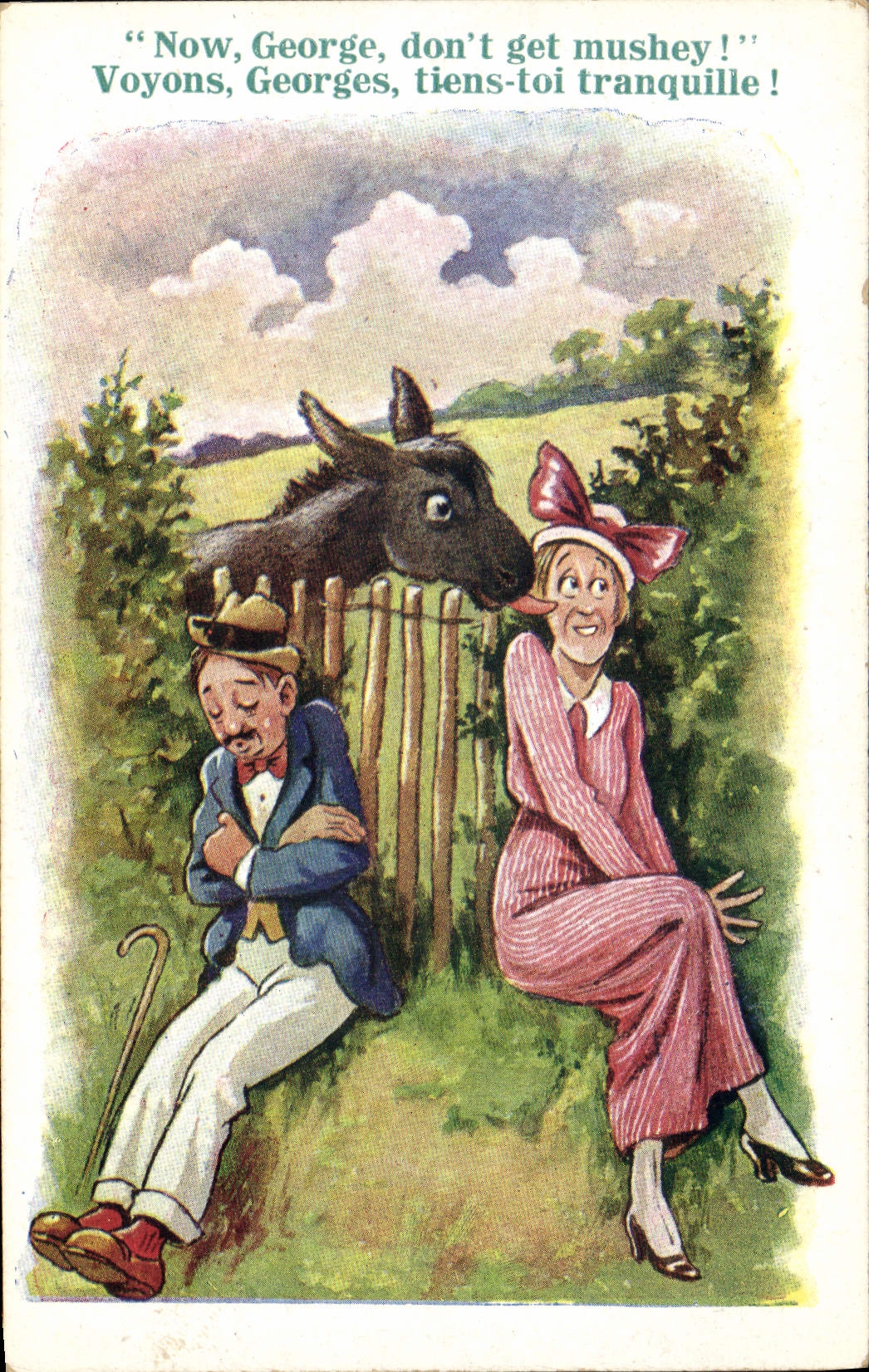 CPA Fantaisie Illustrateur Couple Ane Mule 