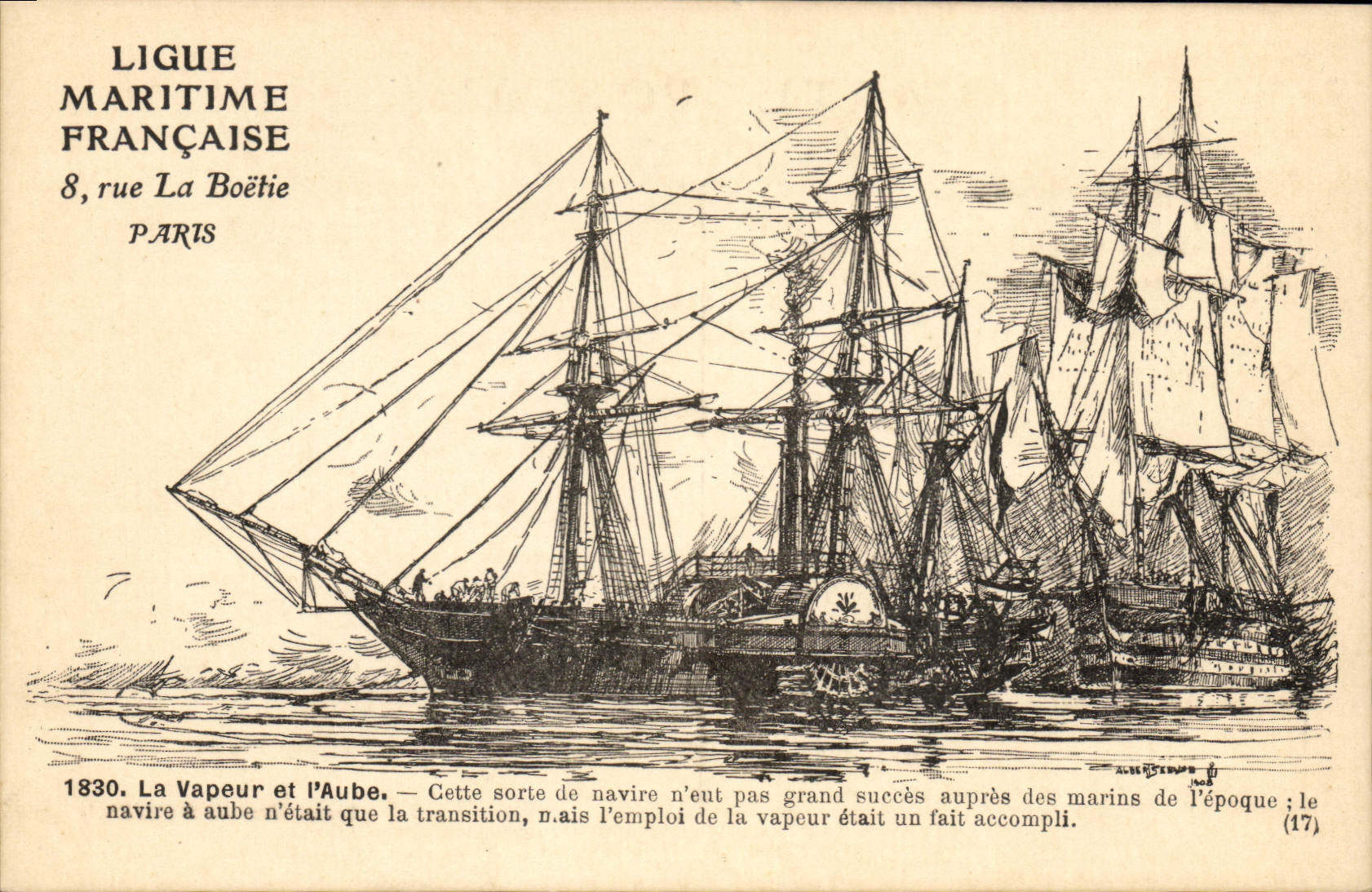 Navire à vapeur et à voile — Transition maritime — Ligue Maritime Française, 8 rue La Boëtie, Paris