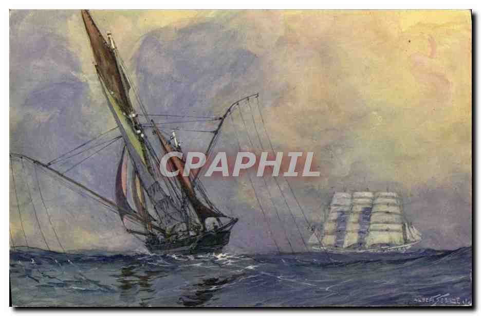 Thonier sur les lieux de pêche les lignes à la mer — Dessin de A. Sebille — COMITÉ NATIONAL DE L'ENFANCE, Paris