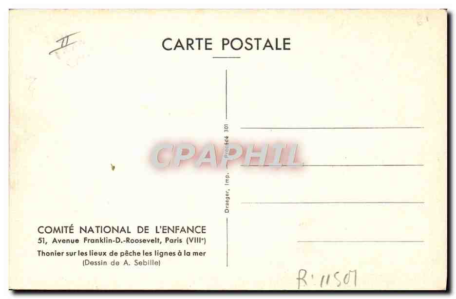 Thonier sur les lieux de pêche les lignes à la mer — Dessin de A. Sebille — COMITÉ NATIONAL DE L'ENFANCE, Paris — Verso