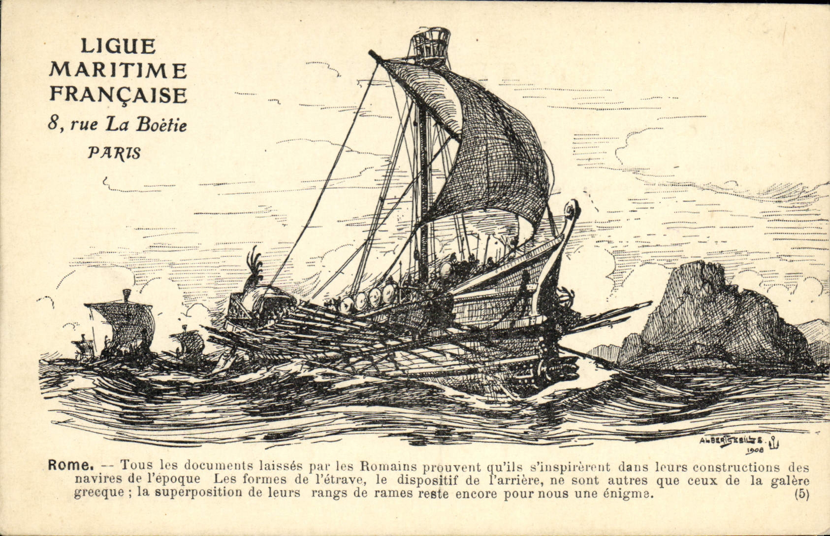Rome — Navires romains inspirés des galères grecques — Ligue Maritime Française, 8 rue La Boétie, Paris