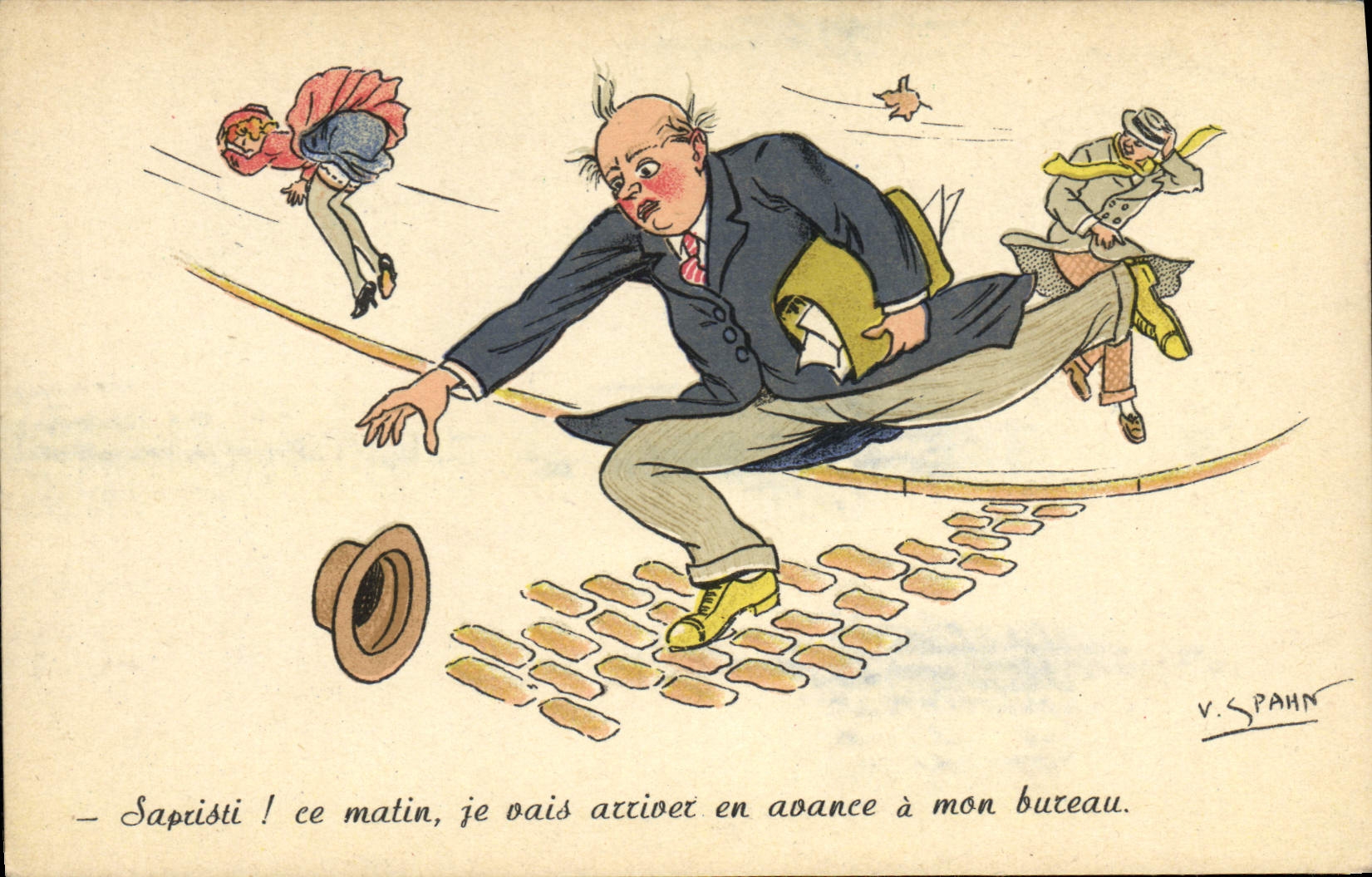 Homme en costume tombant sur un chemin pavé — V. SPAHN — P-C PARIS