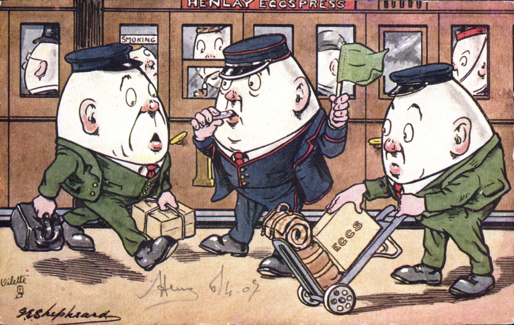CPA Illustrateur Shapleaca Train Bagagiste Oeuf Oeufs