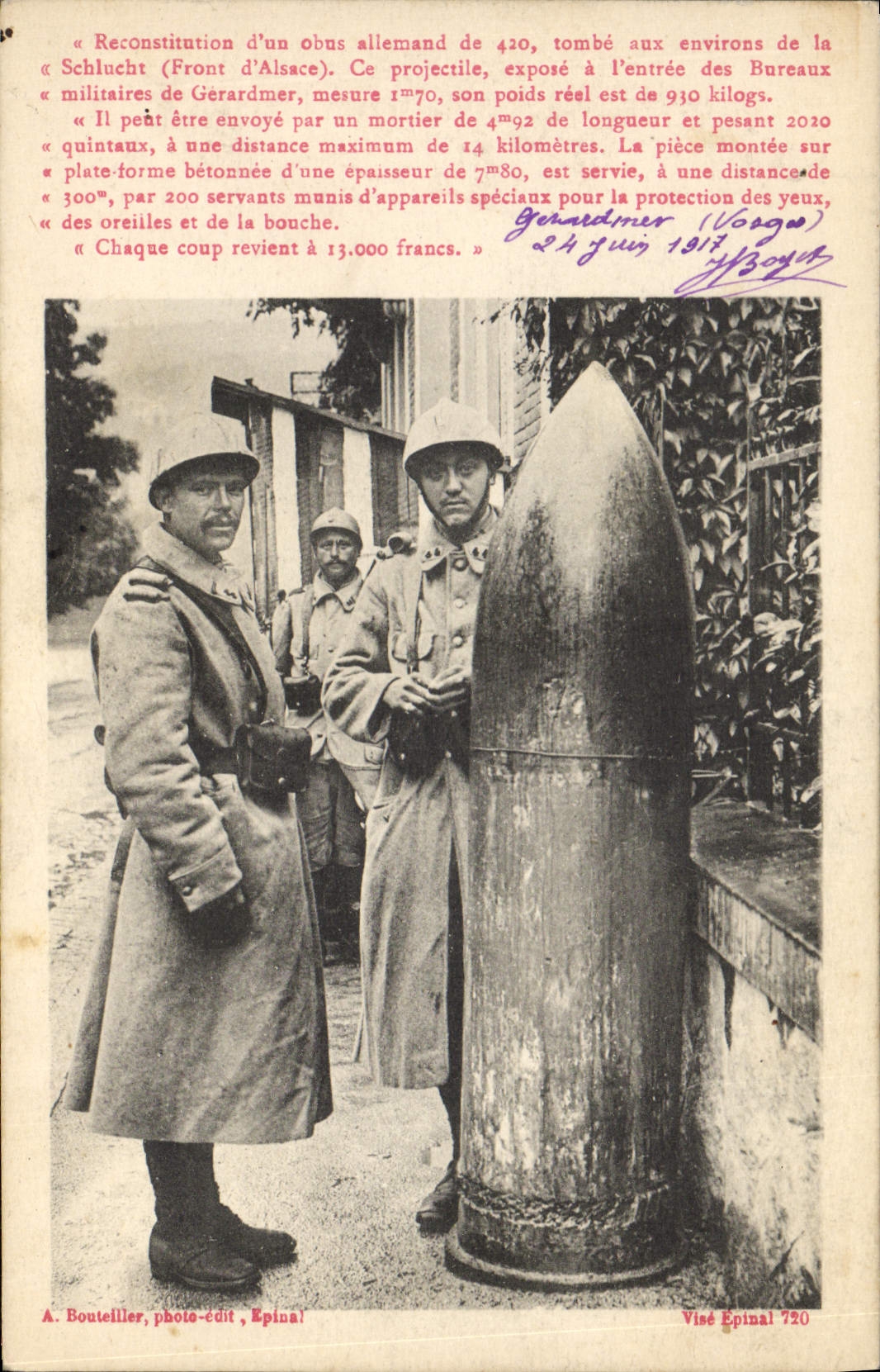 Reconstitution d'un obus allemand de 420 — Front d'Alsace — A. Bouteiller, photo-édit, Epinal