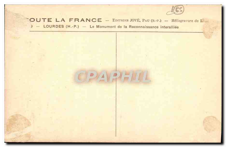 Monument de la Reconnaissance interalliée — Lourdes — Éditions Jové, Pau — Verso