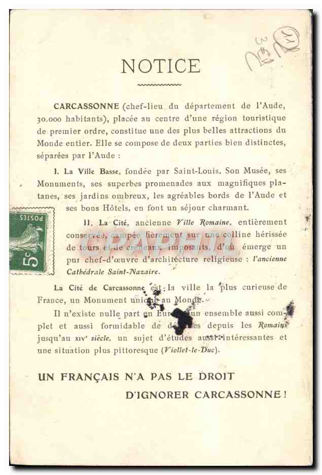 CPA La cite de Carcassonne Defenses de la porte d'Aude — Rückseite