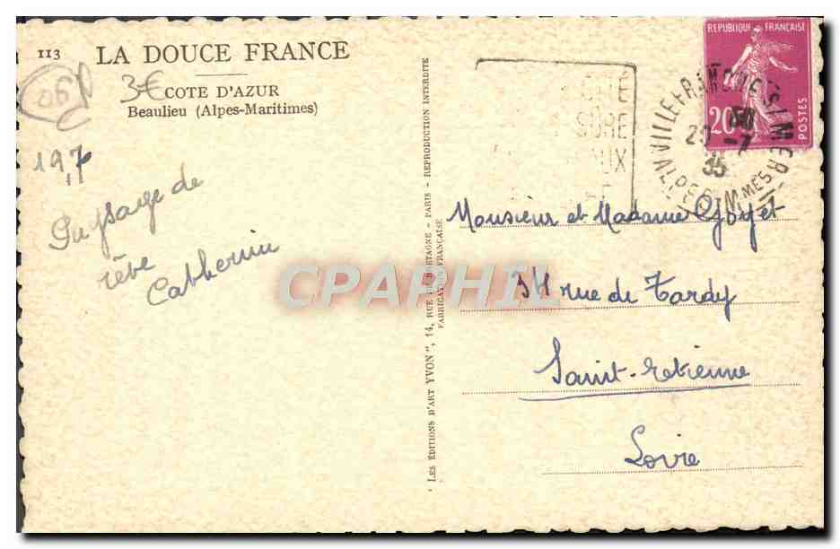 CPA Cote D'Azur Beaulieu — Verso