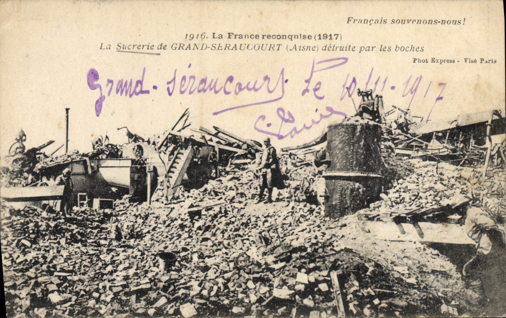 CPA Sucrerie de Grand Seraucourt detruite par les boches Militaria
