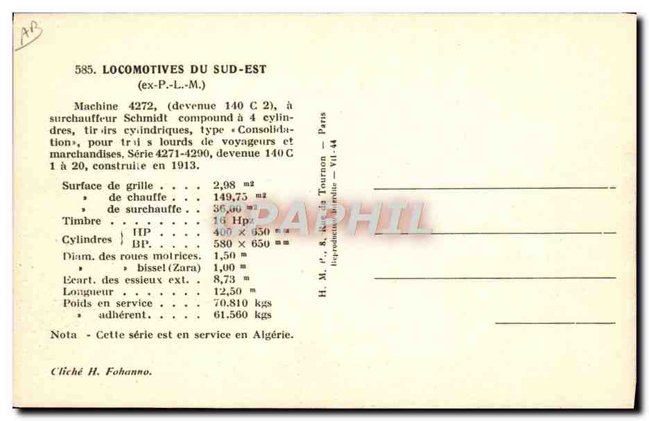 CPA Train Locomotive du Sud Est Ex PLM Machine 4272 — Verso