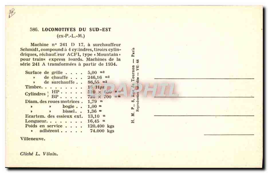 CPA Train Locomotive du Sud Est Machine 241 D 17 — Rückseite