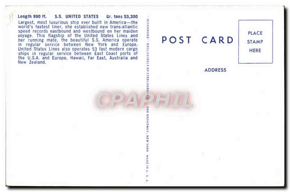 S.S. UNITED STATES — Flagship des United States Lines — éditeur Steelograph Inc., New York — Reverso