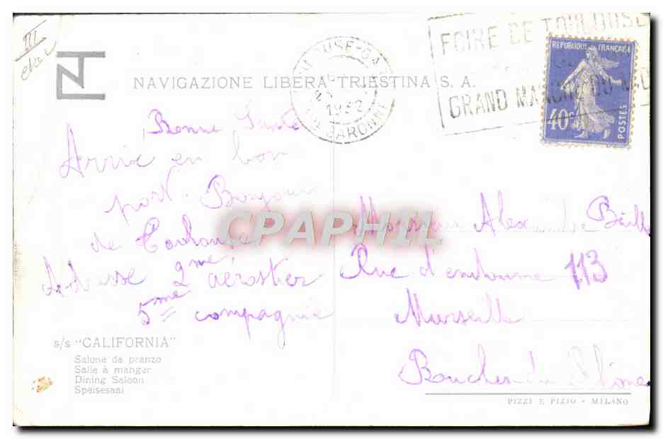 CPA Bateau Paquebot SS California Salle a manger — Verso