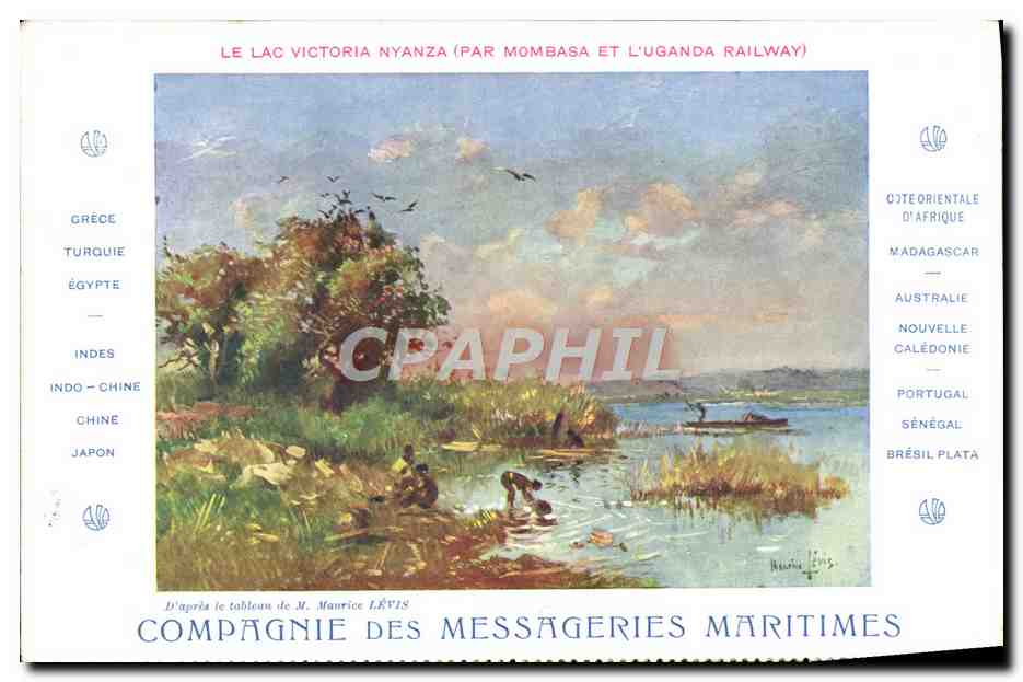 Le Lac Victoria Nyanza (par Mombasa et l'Uganda Railway) — tableau de M. Maurice Lévis — Compagnie des Messageries Maritimes