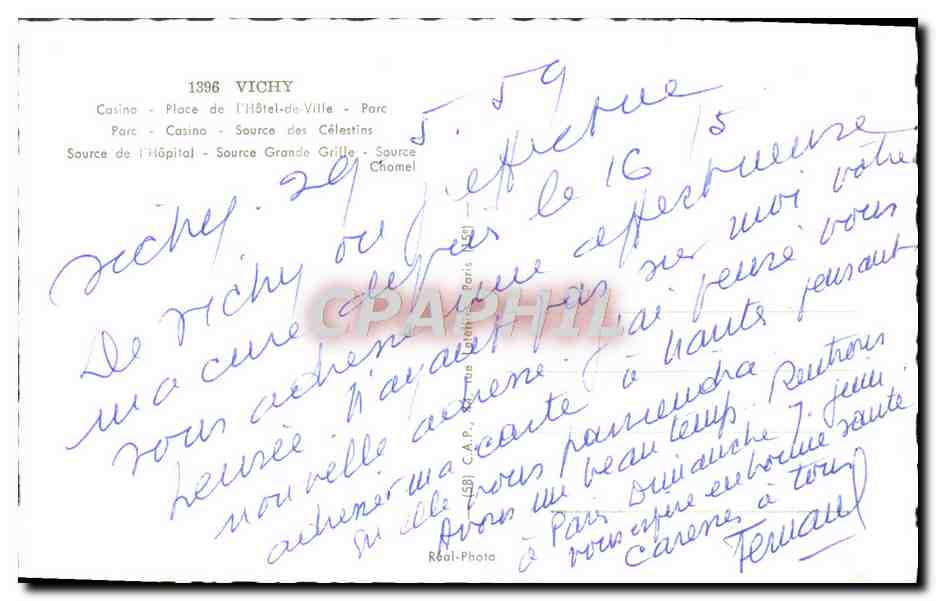 CPM Vichy Casino Place De I'Hotel De Ville Parc Source des Celestins Source de l'Hopital Grande Grille Chomel — Verso