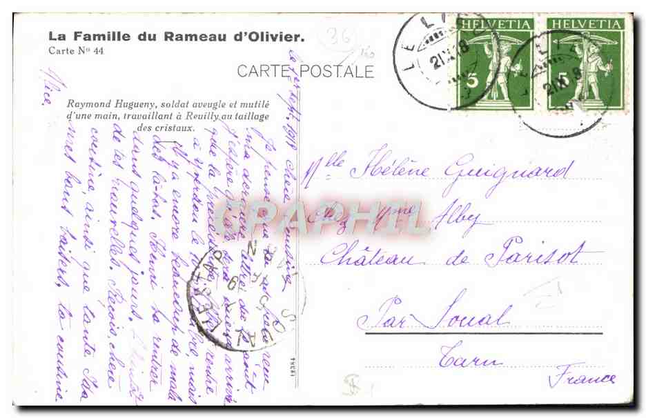 Raymond Hugueny, blinder und verstümmelter Soldat, arbeitet in Reuilly im Kristallschneiden — Die Familie des Olivier-Zweigs, Karte Nr. 44 — Rückseite