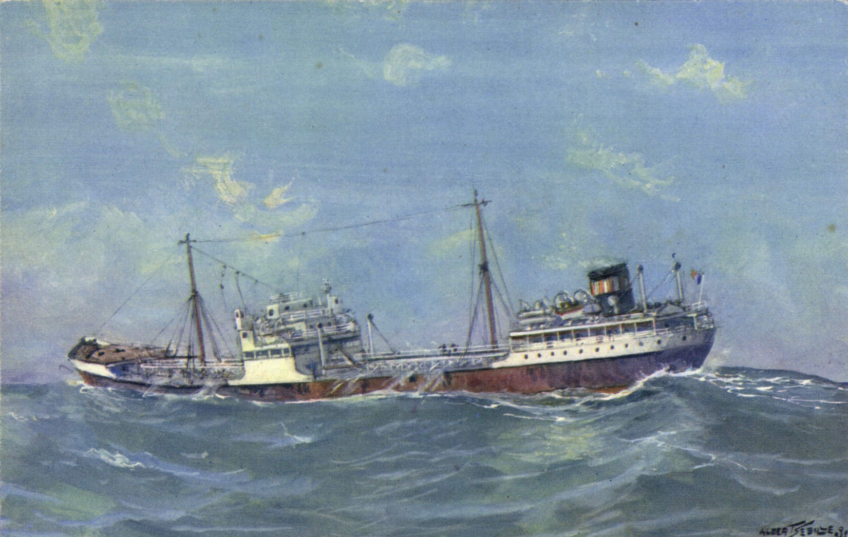 Pétrolier par gros temps en Méditerranée — Dessin de A. Sebille — Comité National de l'Enfance, Paris