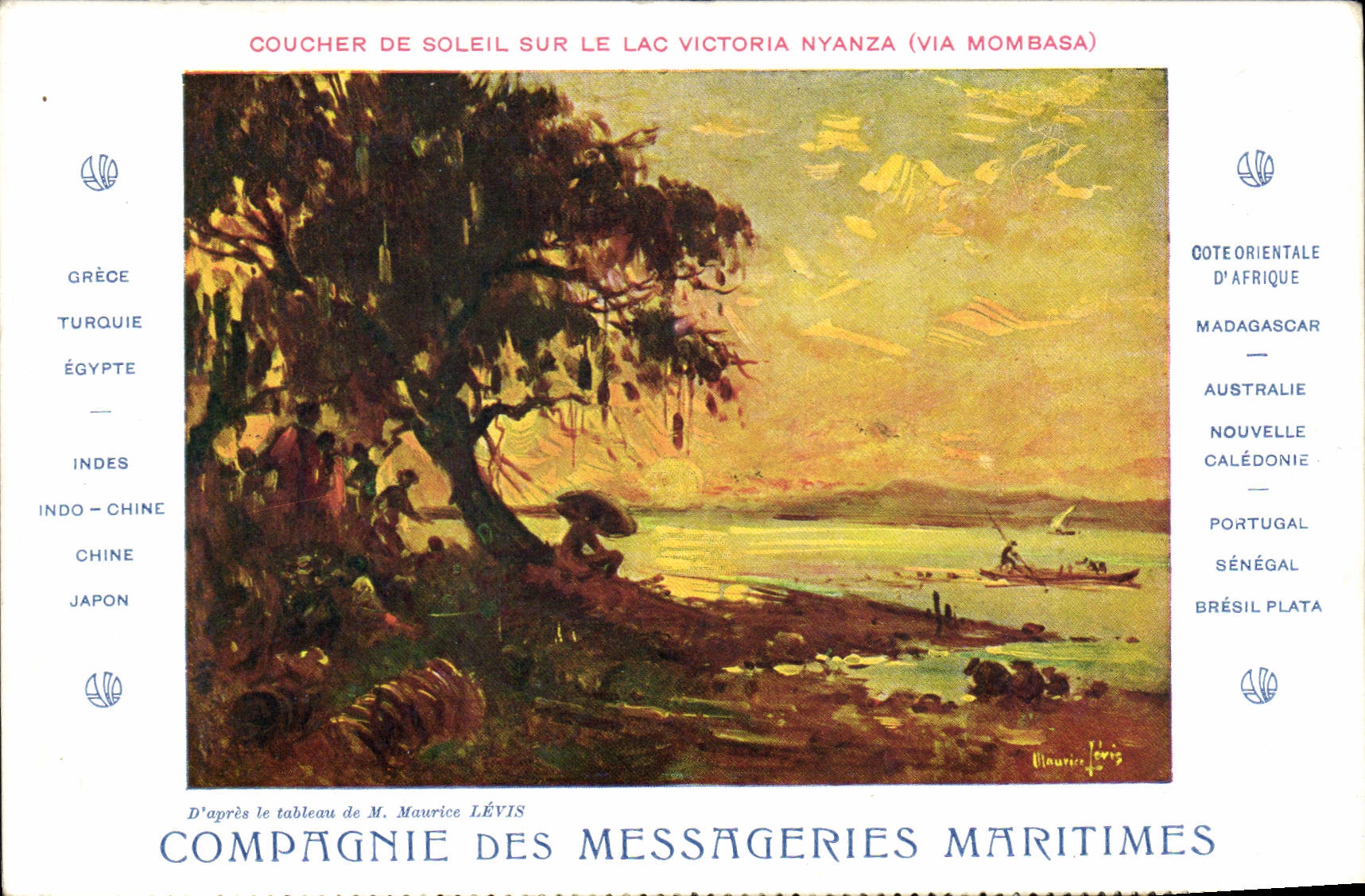 Tramonto sul lago Victoria Nyanza (via Mombasa) — Dopo il dipinto di M. Maurice Lévis — Compagnia delle Messagerie Marittime