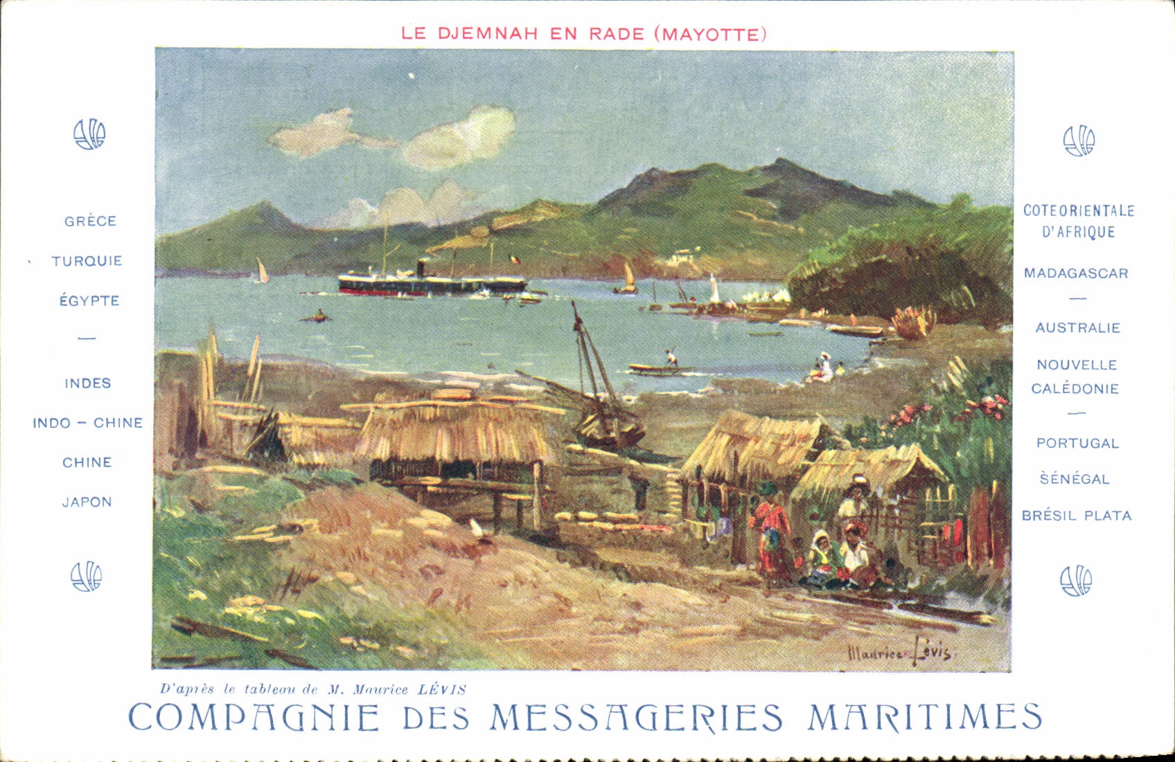 Le Djemnah en rade (Mayotte) — vue maritime — Compagnie des Messageries Maritimes, éditeur Maurice Lévis, n° de série non visible